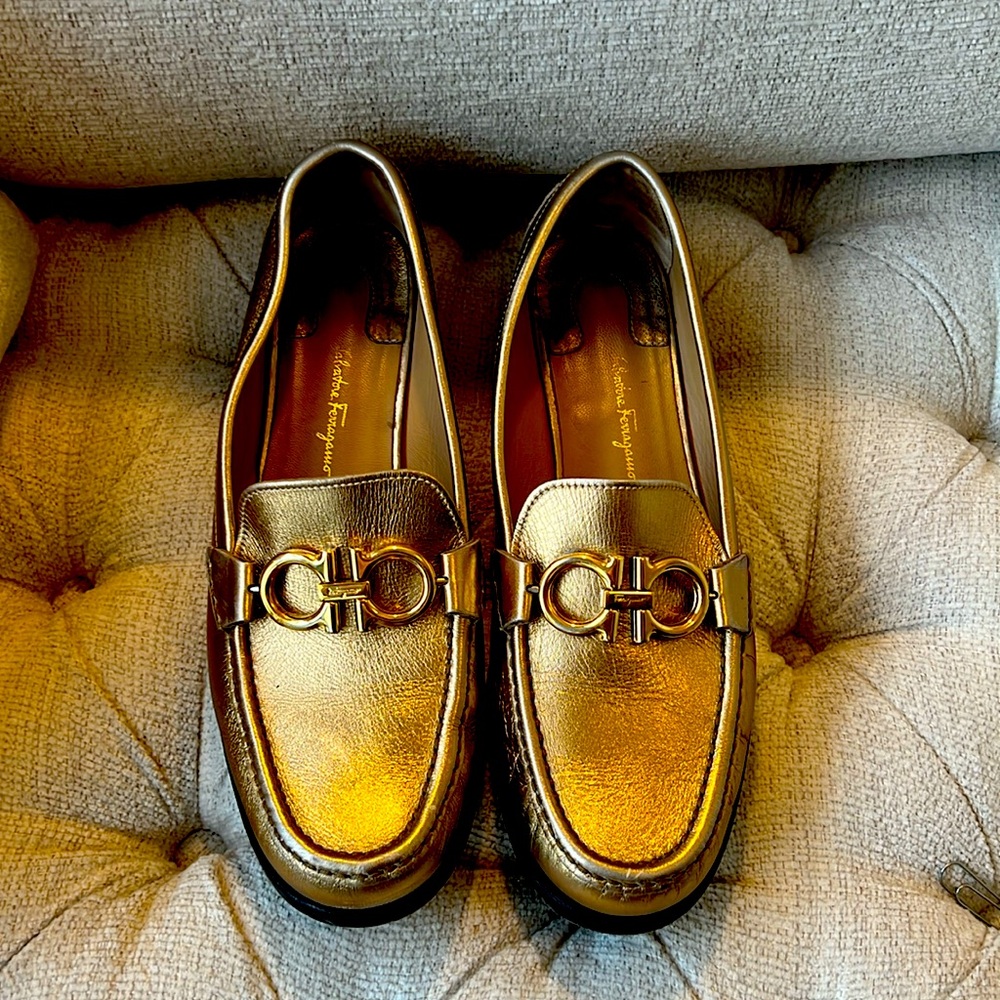 Salvatore Ferragamo Gold Penny Loafers with Reversible Emblem